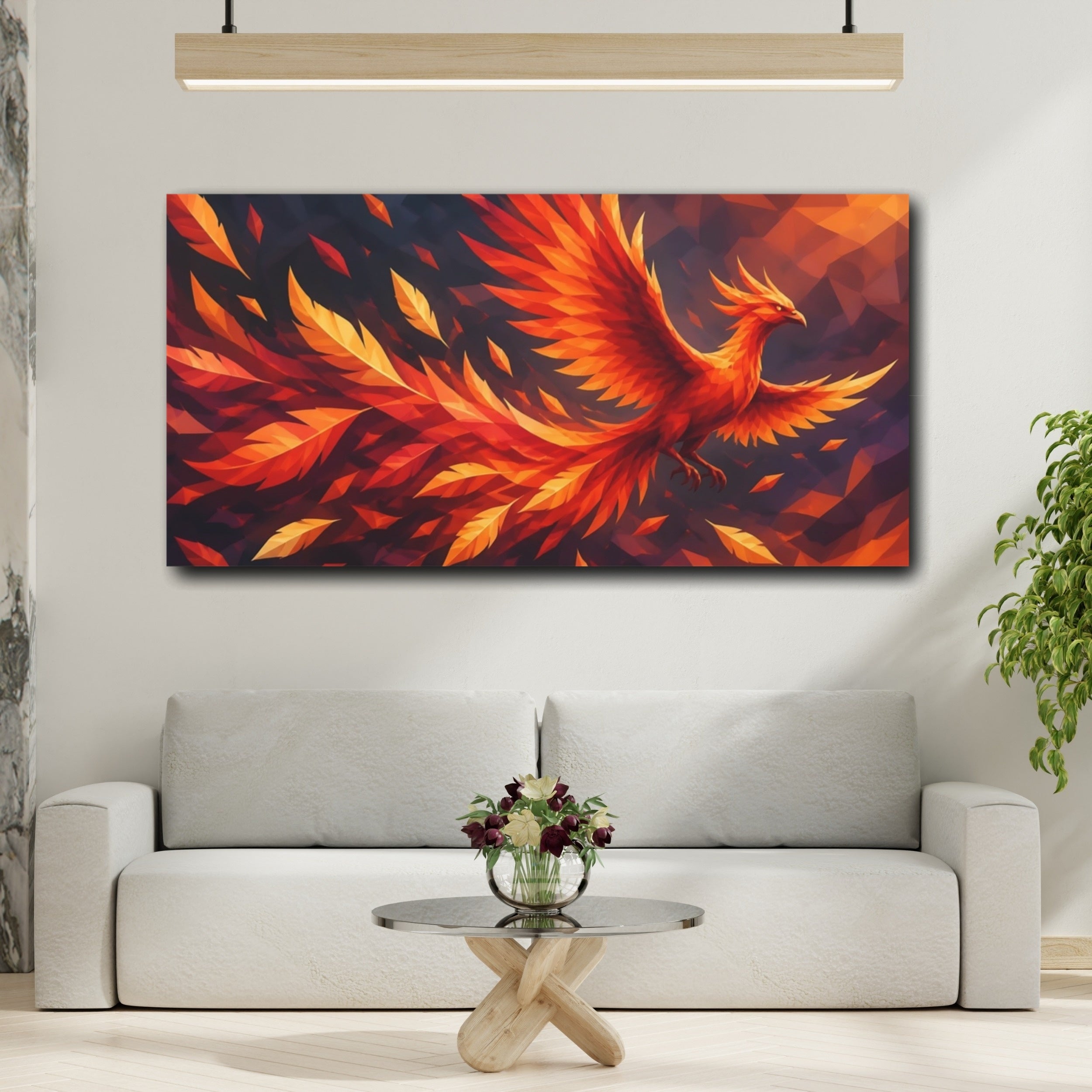 Mockup 2. Animals Fiery Geometric Phoenix shown as canvas print