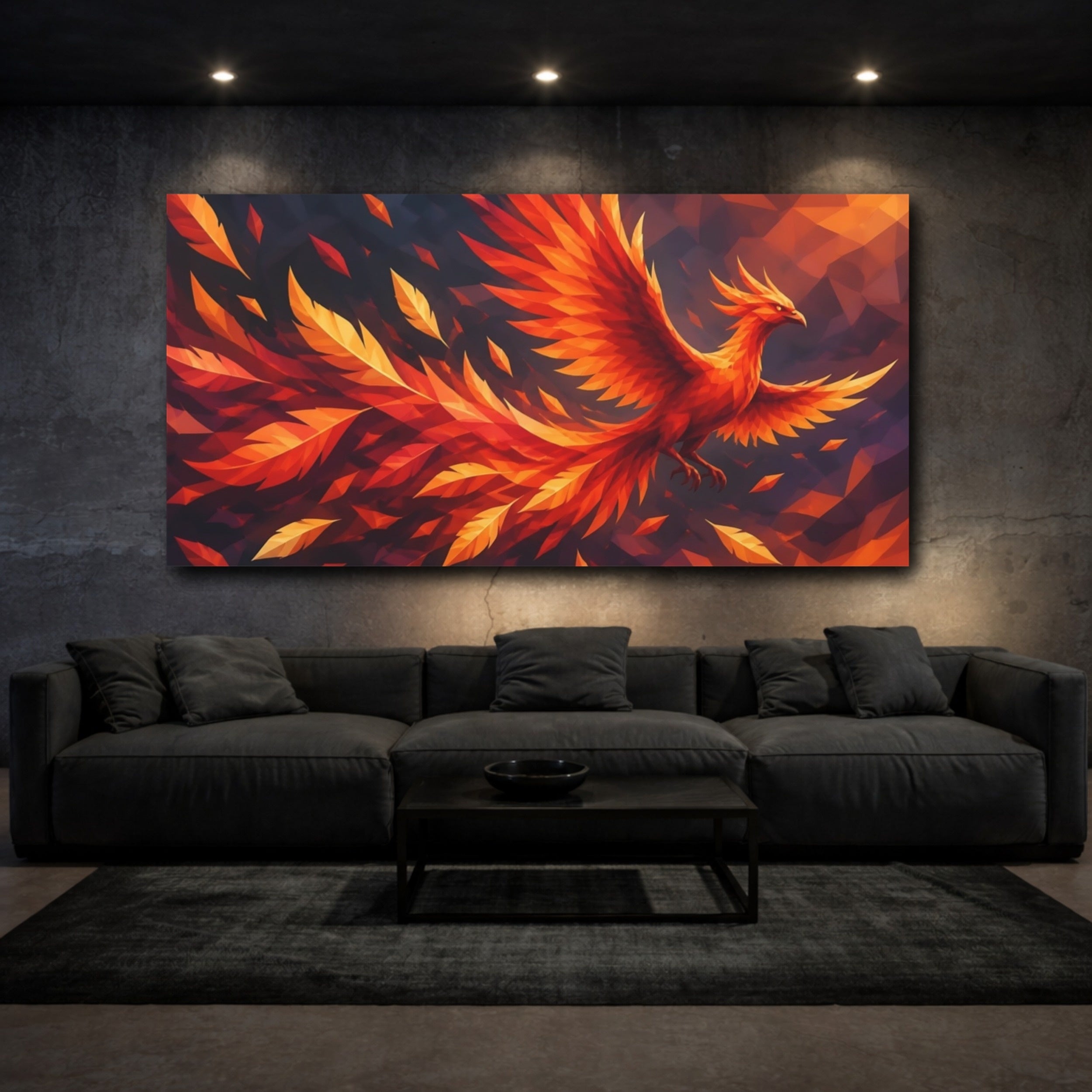 Mockup 3. Animals Fiery Geometric Phoenix shown as canvas print
