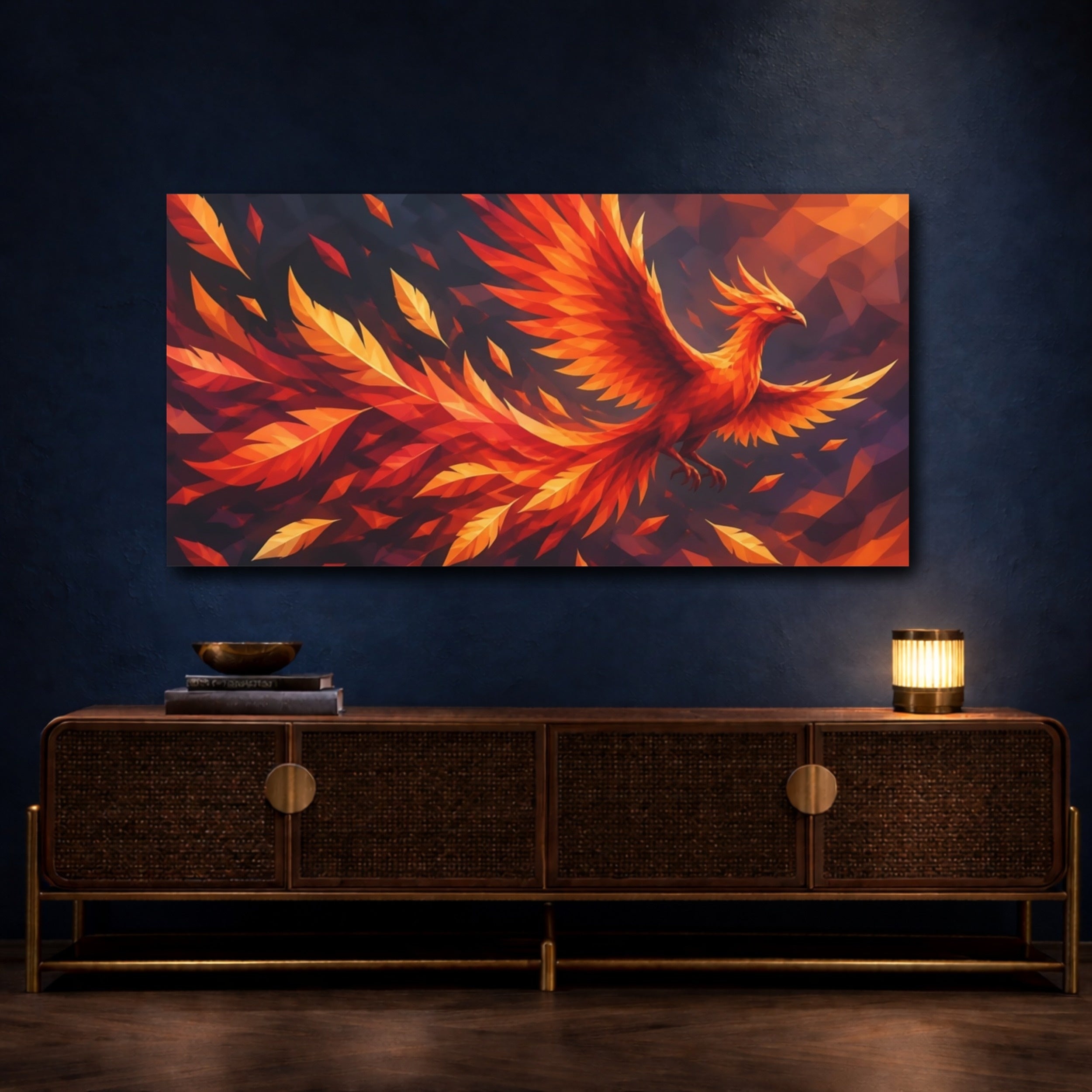 Mockup 4. Animals Fiery Geometric Phoenix shown as canvas print