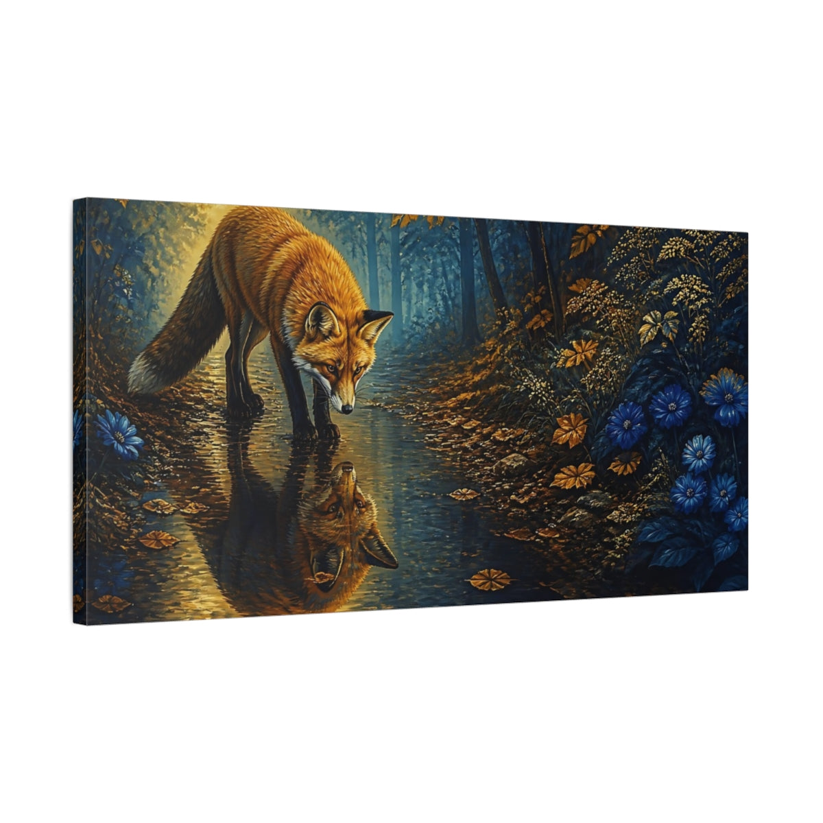 Side Mockup 1. Animals Fox Reflected In Puddle shown as canvas print