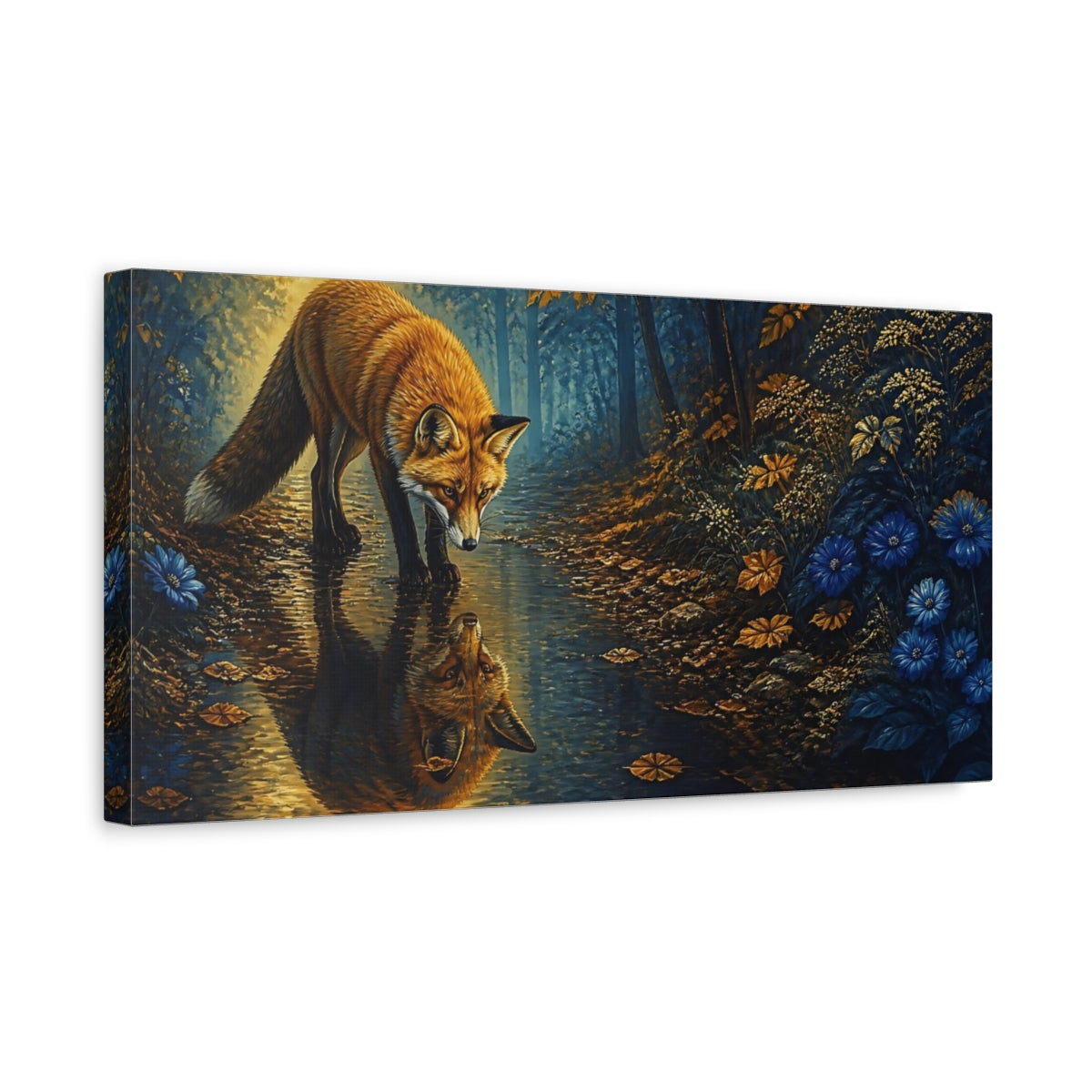 Side Mockup 3. Animals Fox Reflected In Puddle shown as canvas print
