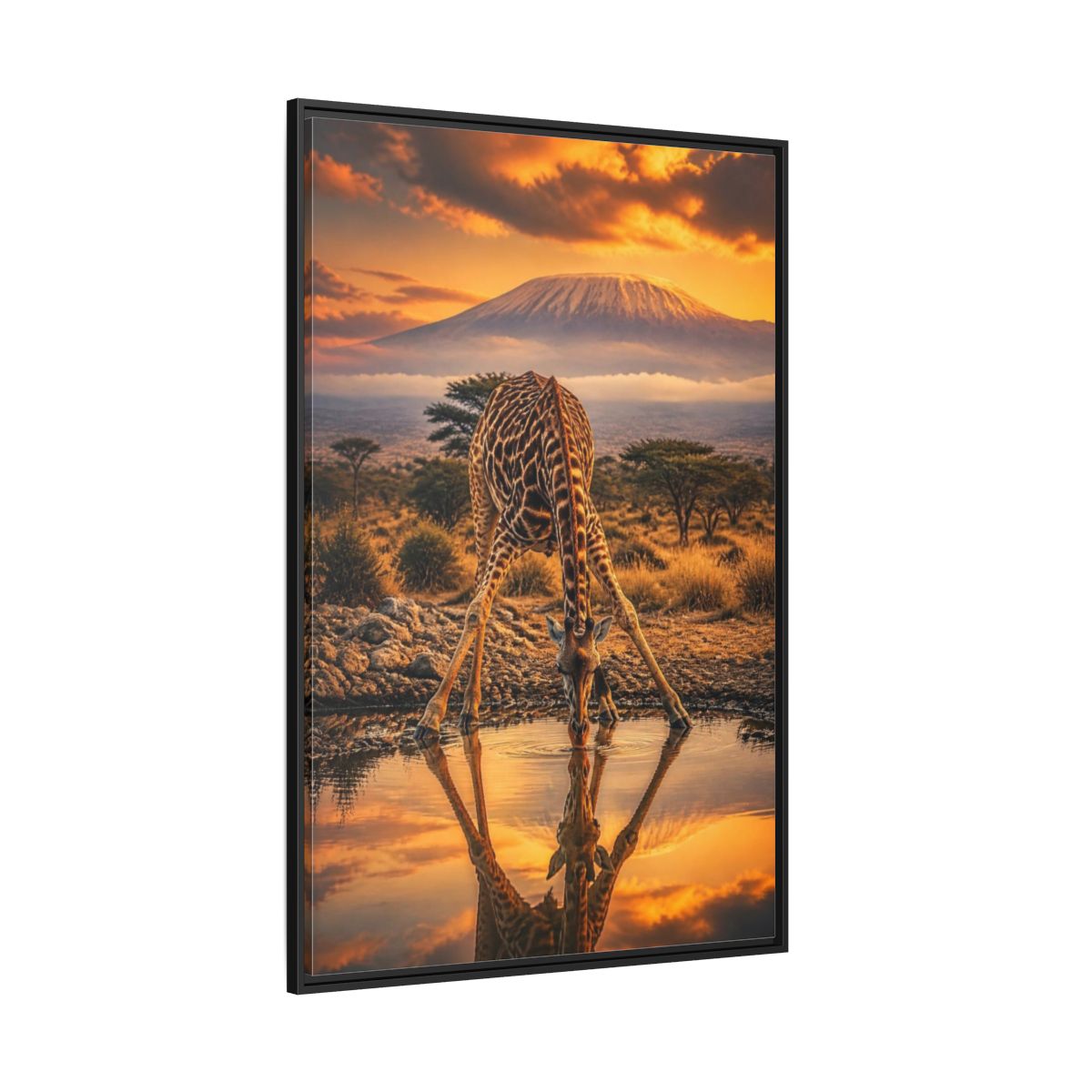 Side Mockup 12. Animals Giraffe At Waterhole shown as framed canvas print