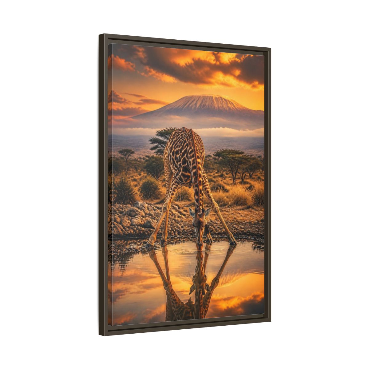 Side Mockup 11. Animals Giraffe At Waterhole shown as framed canvas print