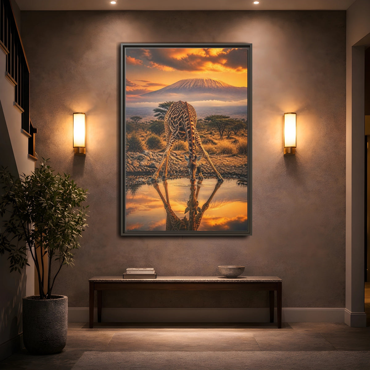 Mockup 2. Animals Giraffe At Waterhole shown as framed canvas print