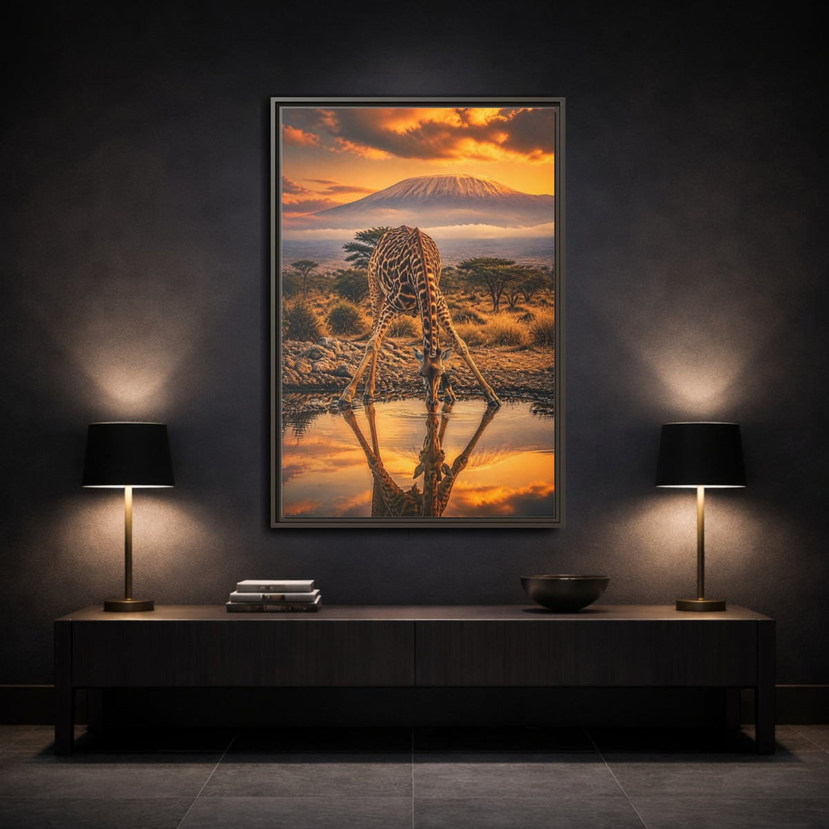 Mockup 3. Animals Giraffe At Waterhole shown as framed canvas print