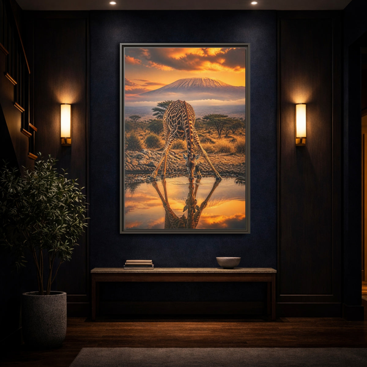 Mockup 4. Animals Giraffe At Waterhole shown as framed canvas print