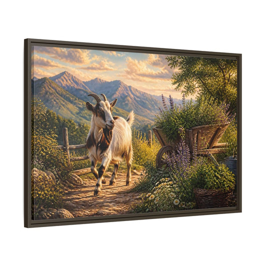 Main Mockup. Animals Goat And Wheelbarrow shown as framed canvas print
