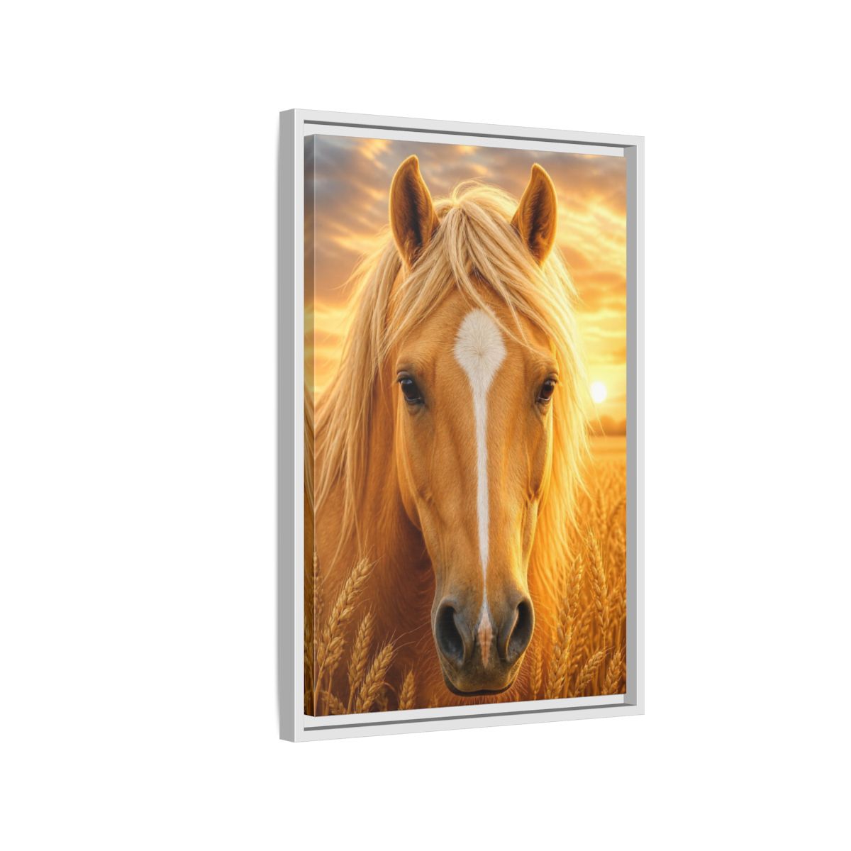 Side Mockup 1. Animals Golden Horse Portrait shown as framed canvas print