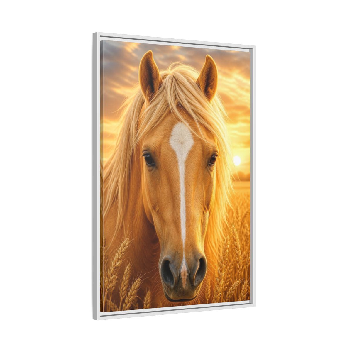 Side Mockup 9. Animals Golden Horse Portrait shown as framed canvas print
