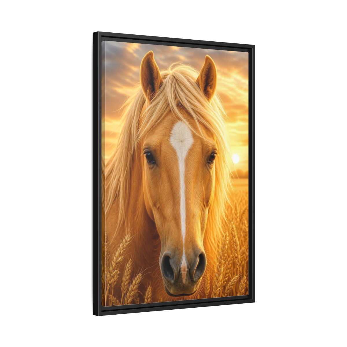 Side Mockup 14. Animals Golden Horse Portrait shown as framed canvas print