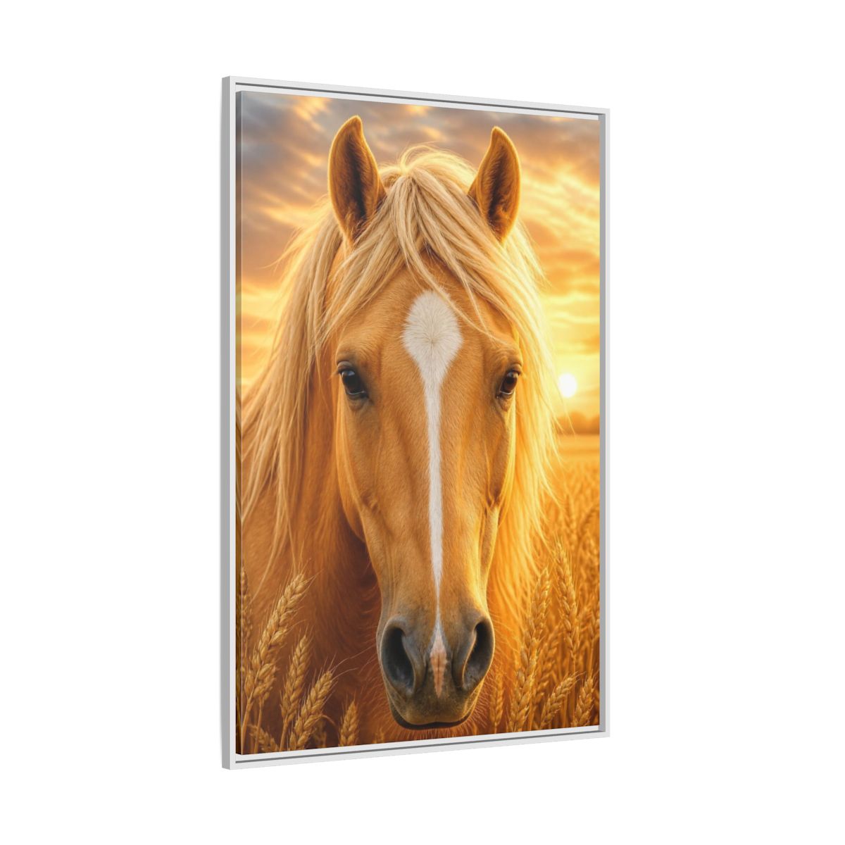 Side Mockup 7. Animals Golden Horse Portrait shown as framed canvas print