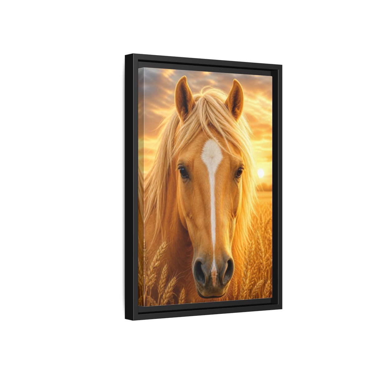 Side Mockup 6. Animals Golden Horse Portrait shown as framed canvas print