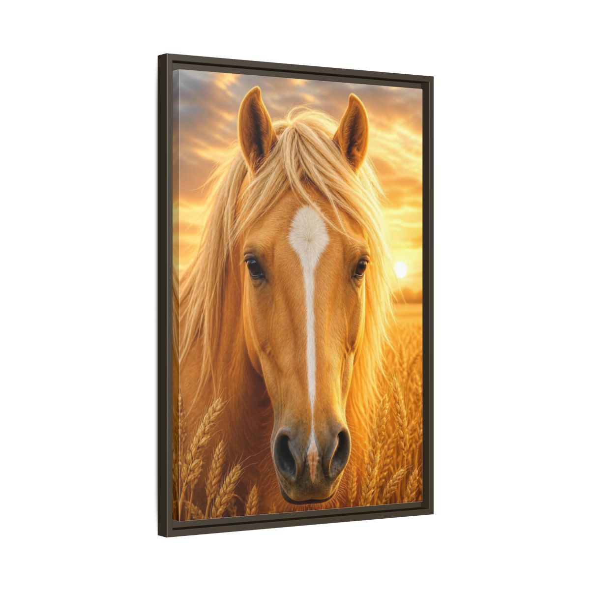 Side Mockup 11. Animals Golden Horse Portrait shown as framed canvas print