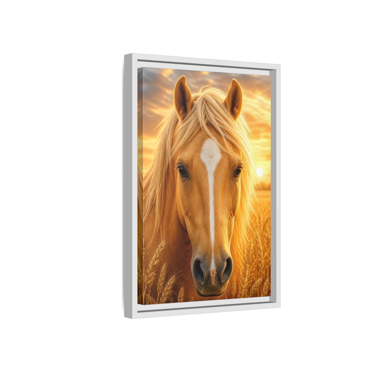 Side Mockup 4. Animals Golden Horse Portrait shown as framed canvas print