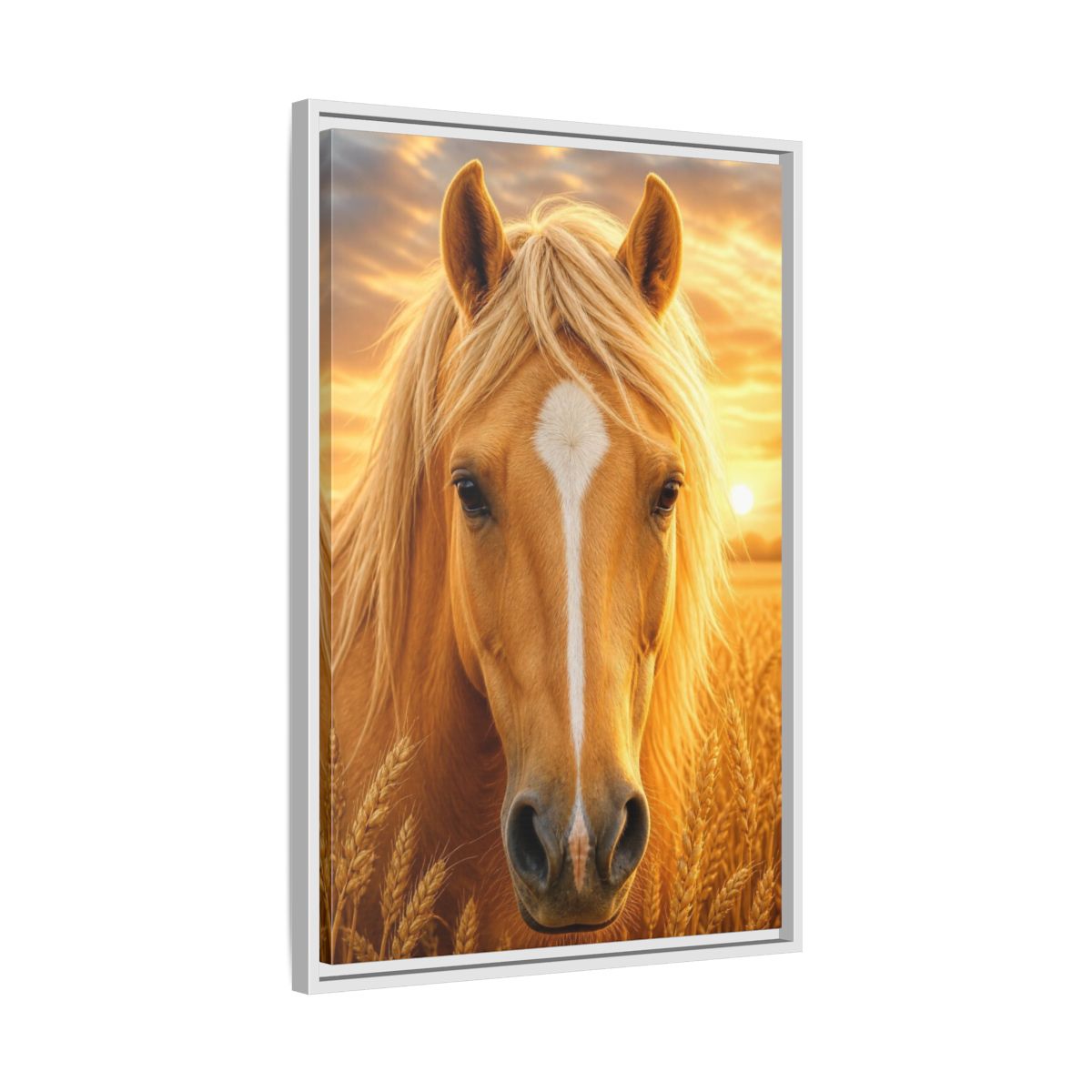 Side Mockup 10. Animals Golden Horse Portrait shown as framed canvas print