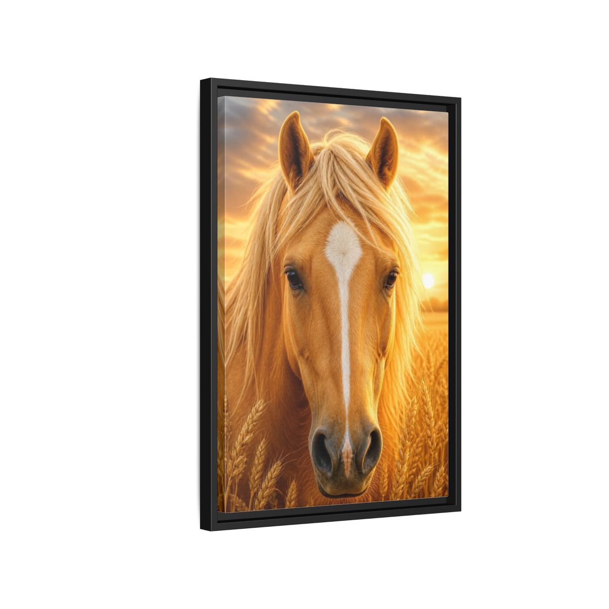 Side Mockup 3. Animals Golden Horse Portrait shown as framed canvas print