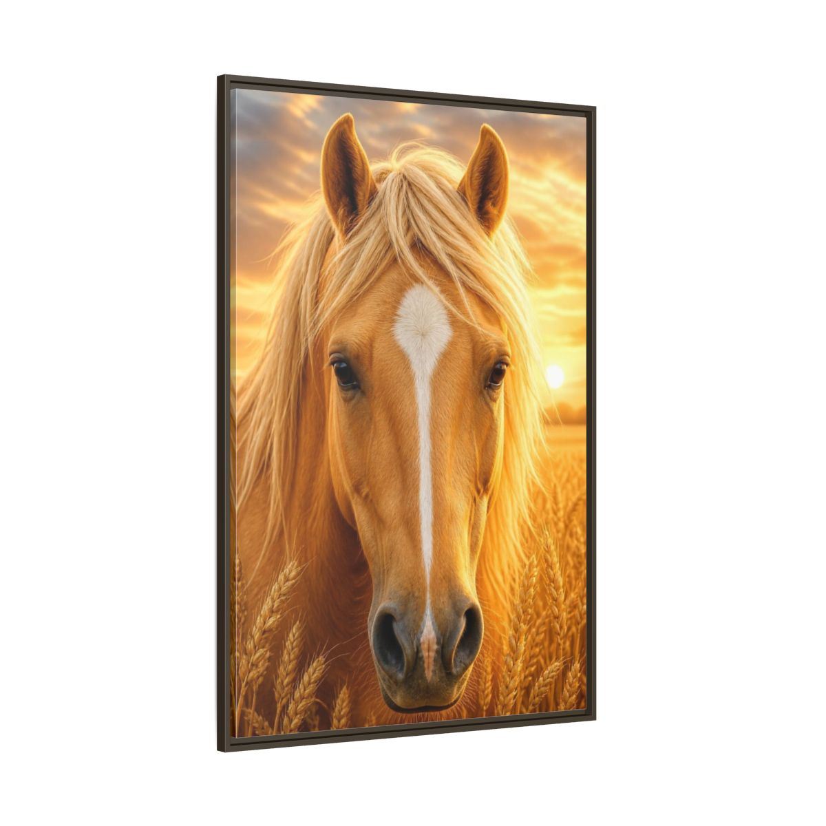 Side Mockup 8. Animals Golden Horse Portrait shown as framed canvas print