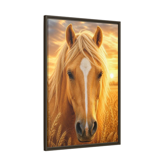 Main Mockup. Animals Golden Horse Portrait shown as framed canvas print