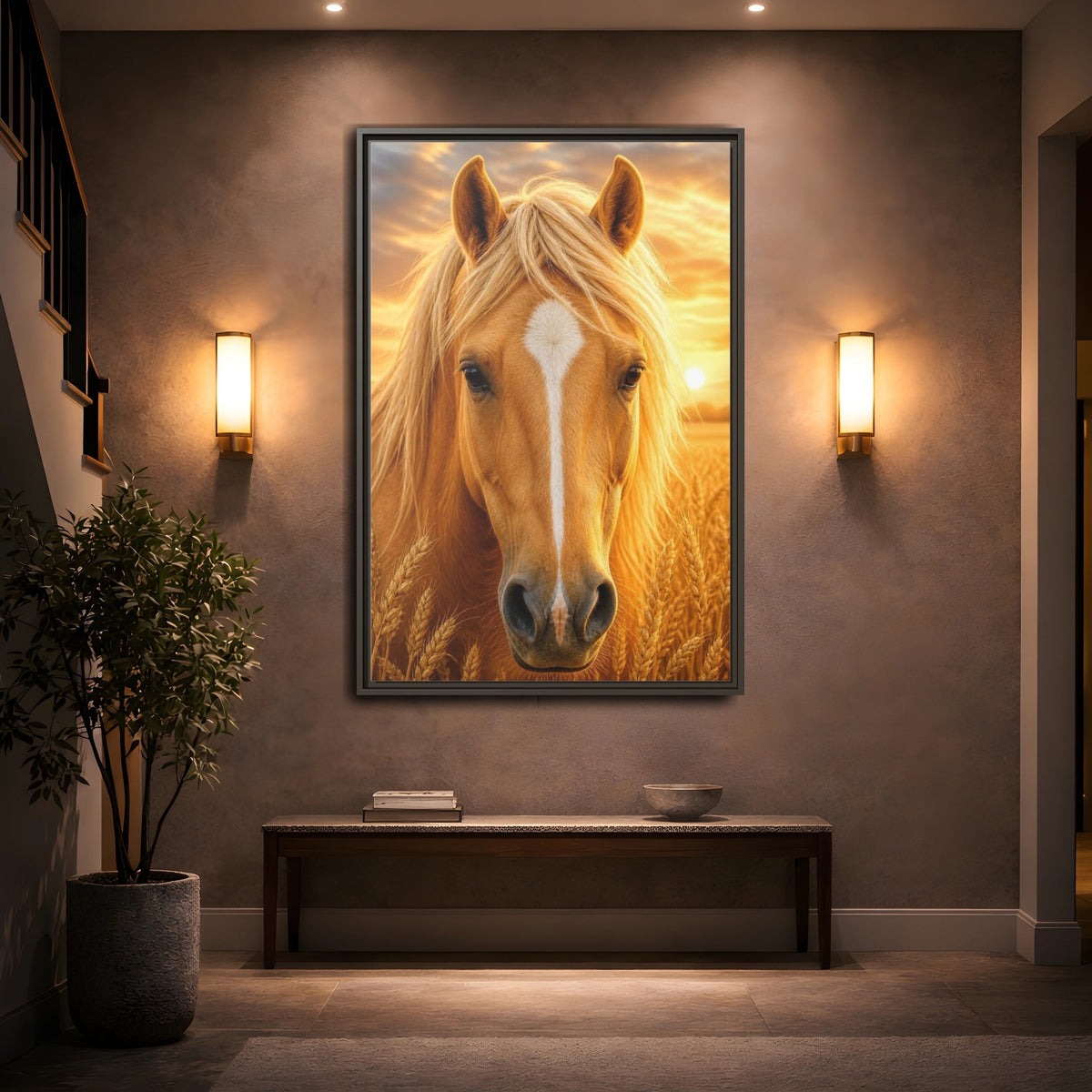 Mockup 2. Animals Golden Horse Portrait shown as framed canvas print