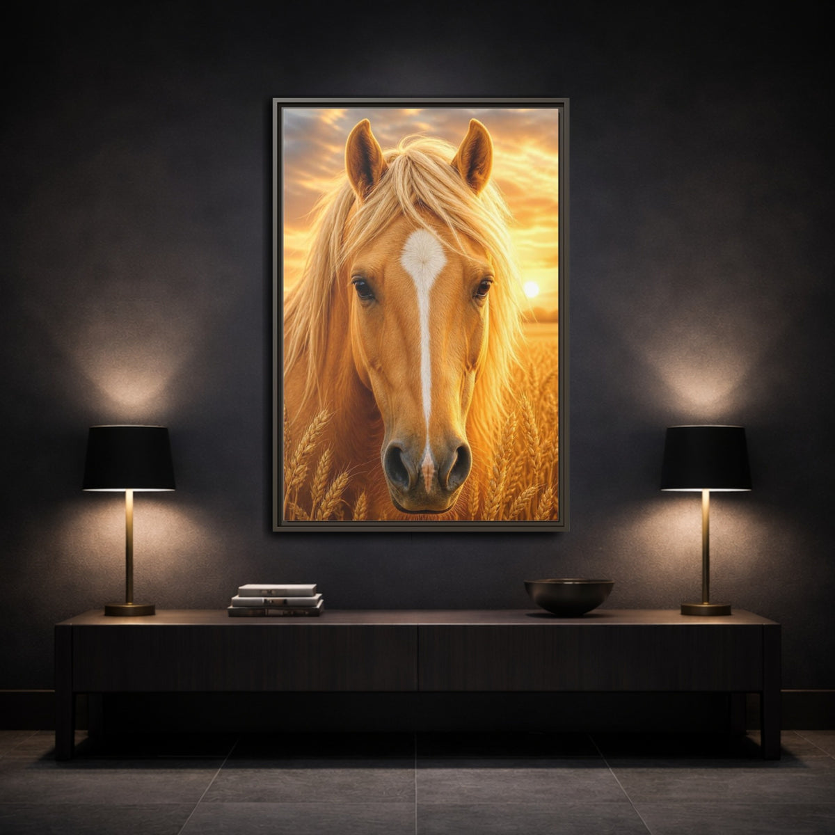 Mockup 3. Animals Golden Horse Portrait shown as framed canvas print