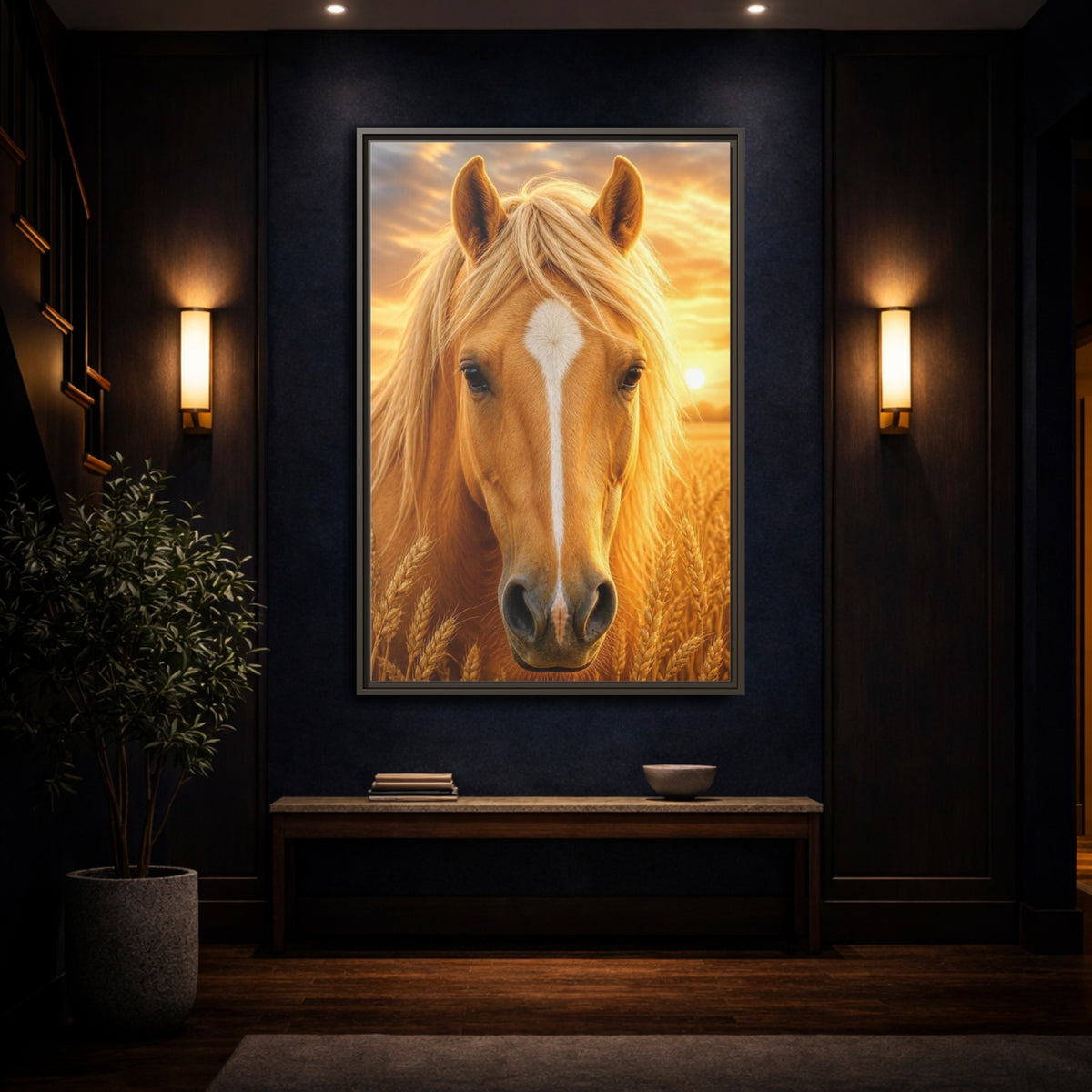 Mockup 4. Animals Golden Horse Portrait shown as framed canvas print