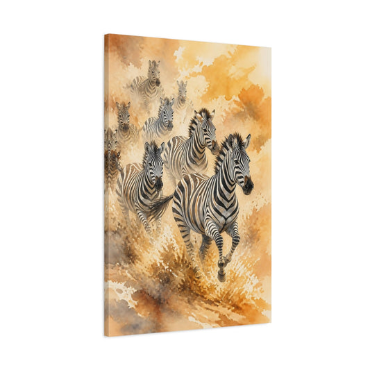 Main Mockup. Animals Golden Zebra Herd shown as canvas print