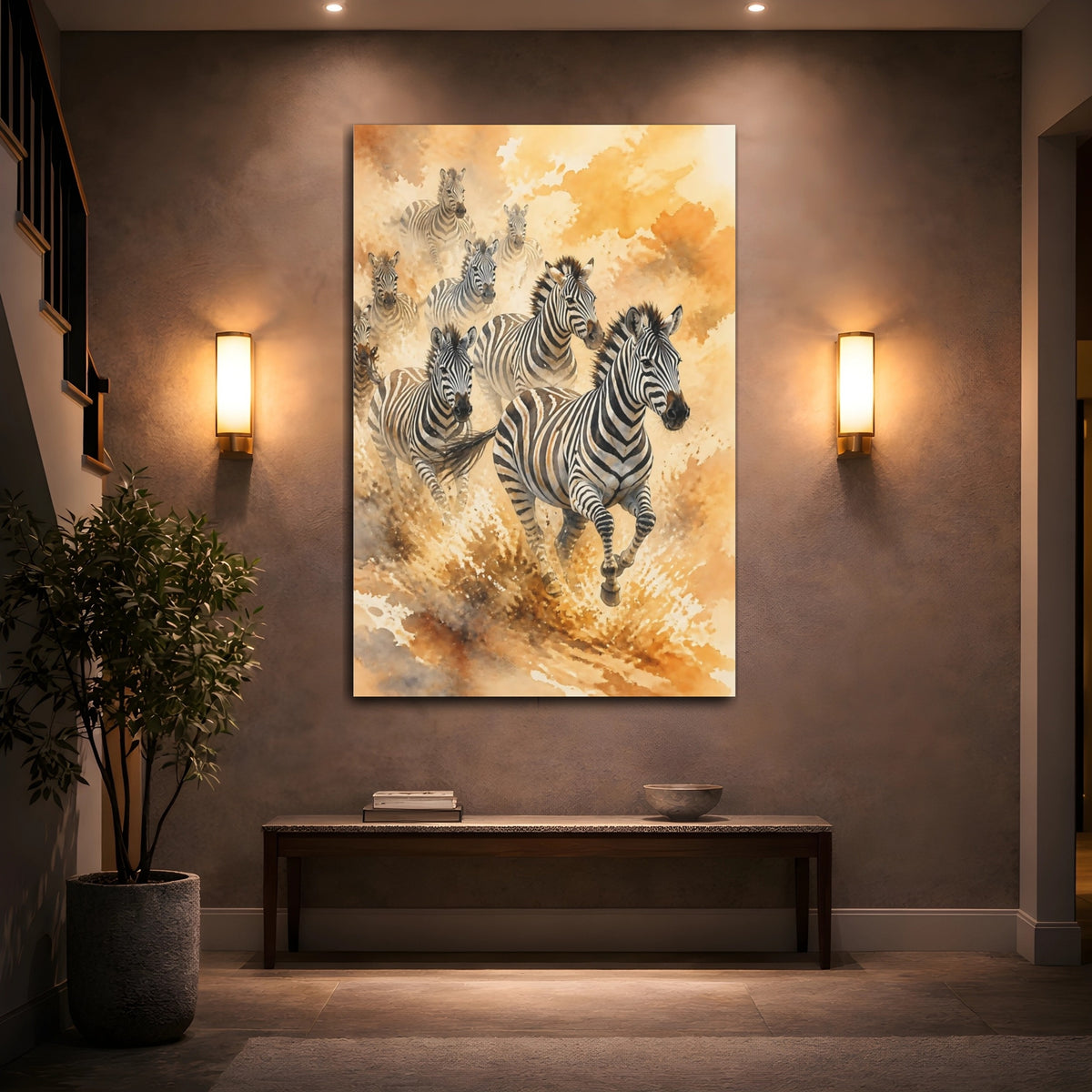 Mockup 2. Animals Golden Zebra Herd shown as canvas print