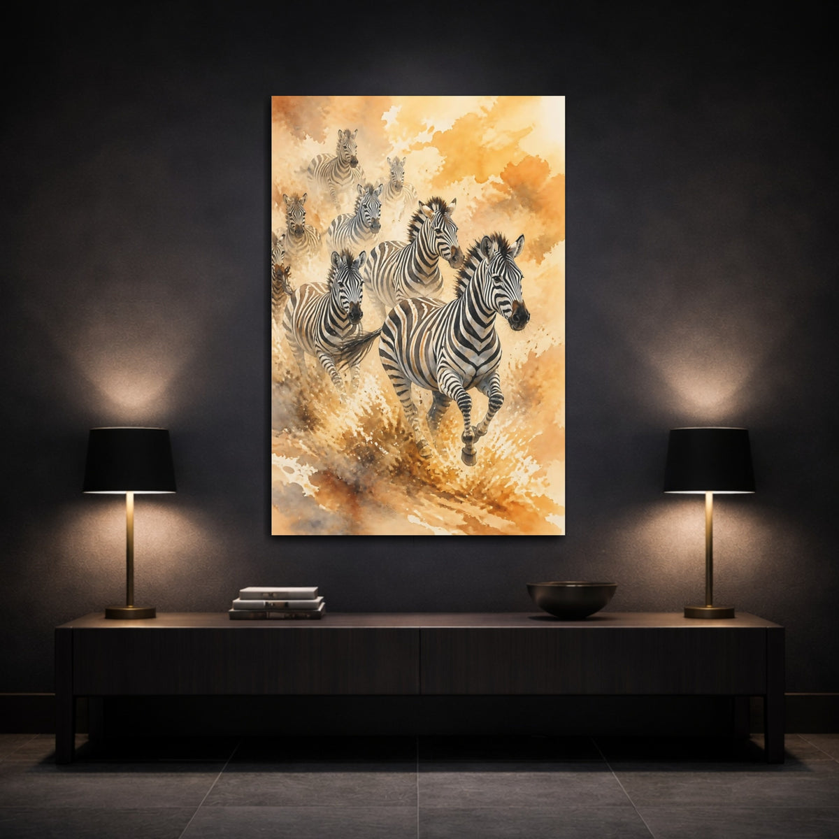 Mockup 3. Animals Golden Zebra Herd shown as canvas print