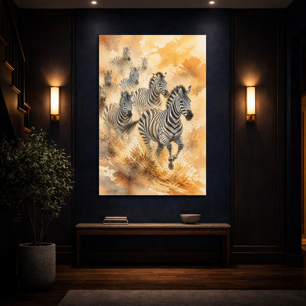 Mockup 4. Animals Golden Zebra Herd shown as canvas print