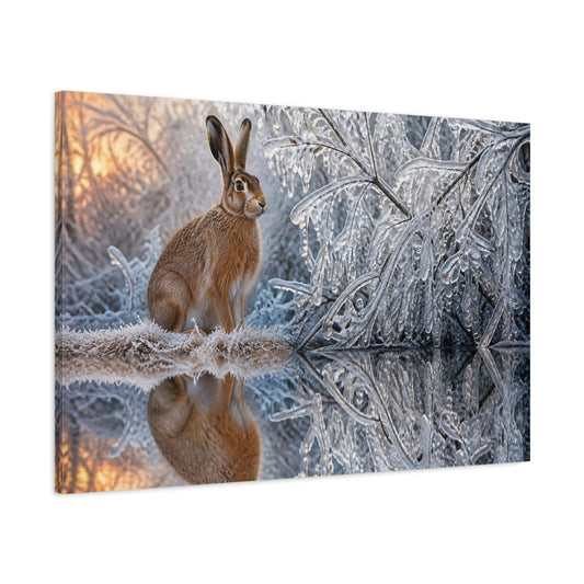 Main Mockup. Animals Hare Beside Icy Branches shown as canvas print