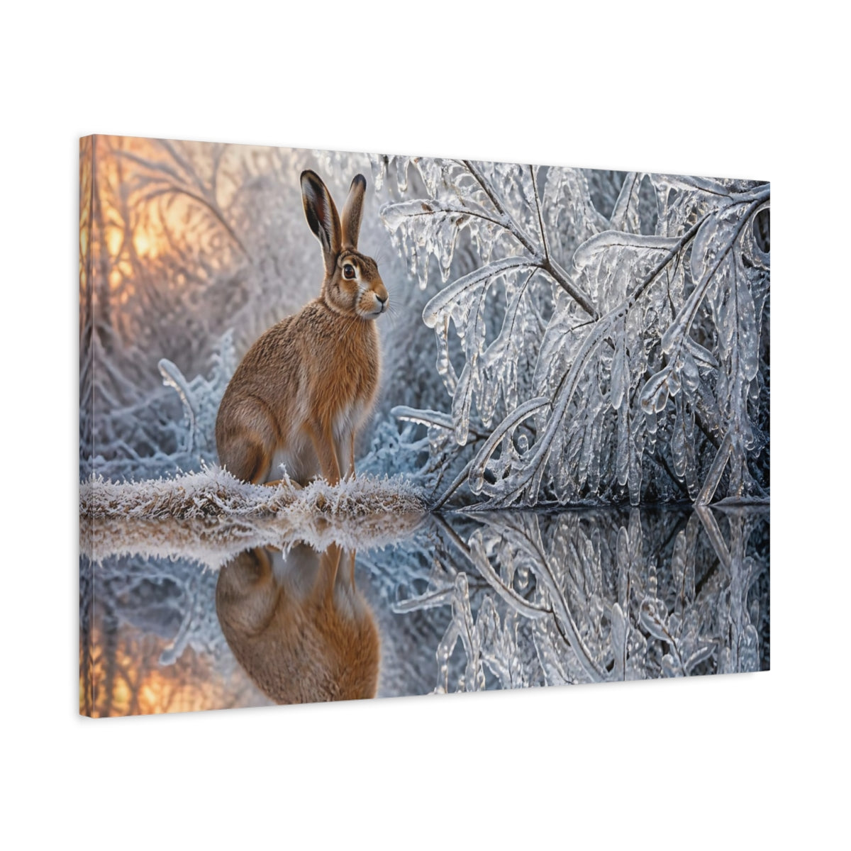 Side Mockup 2. Animals Hare Beside Icy Branches shown as canvas print