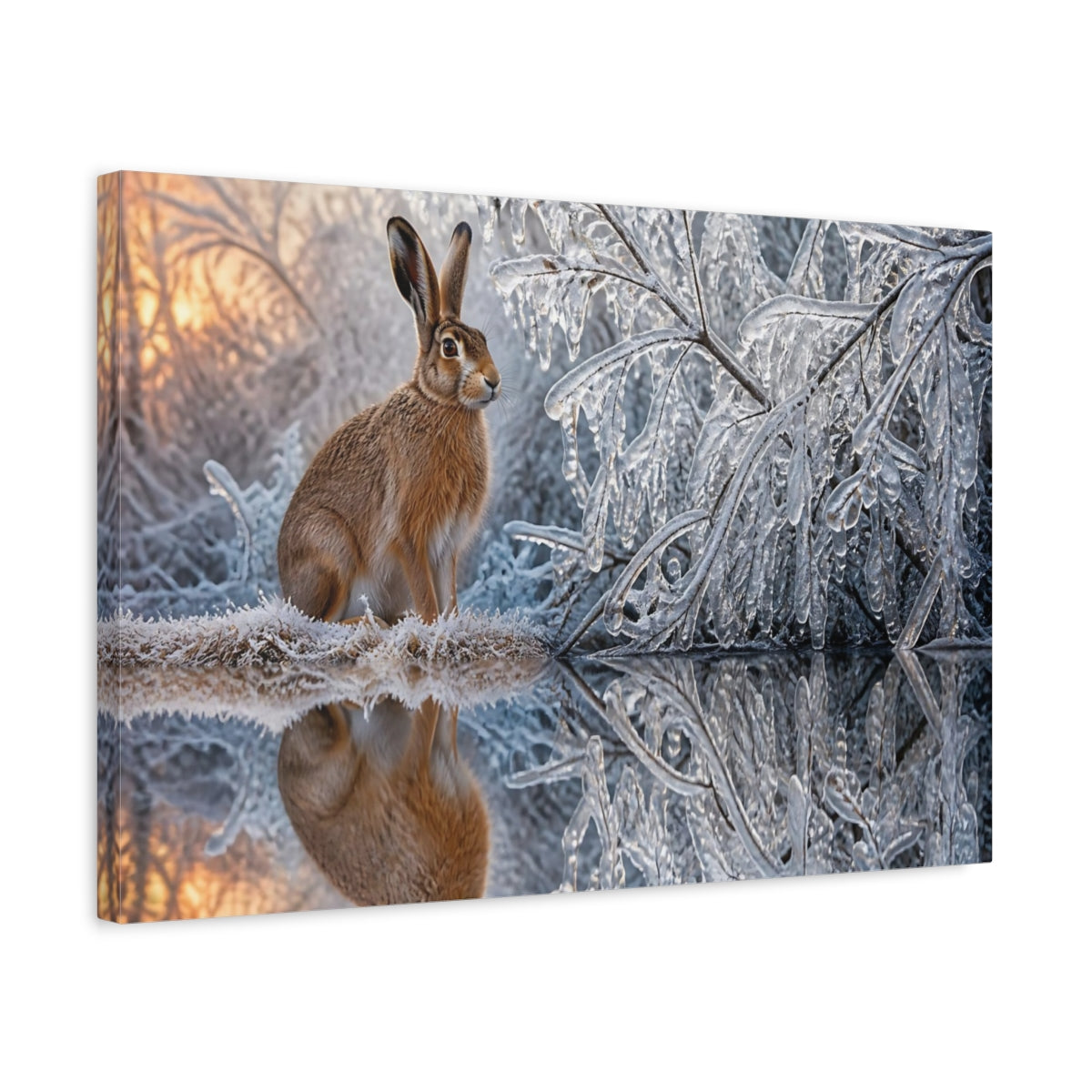 Side Mockup 3. Animals Hare Beside Icy Branches shown as canvas print