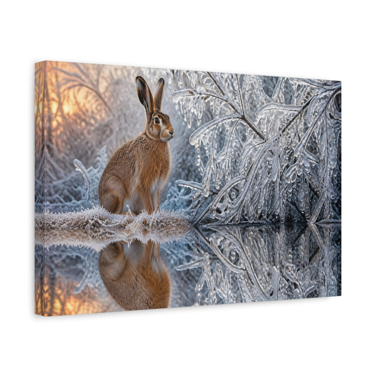 Side Mockup 4. Animals Hare Beside Icy Branches shown as canvas print