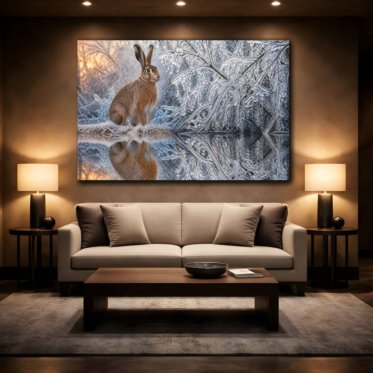 Mockup 2. Animals Hare Beside Icy Branches shown as canvas print