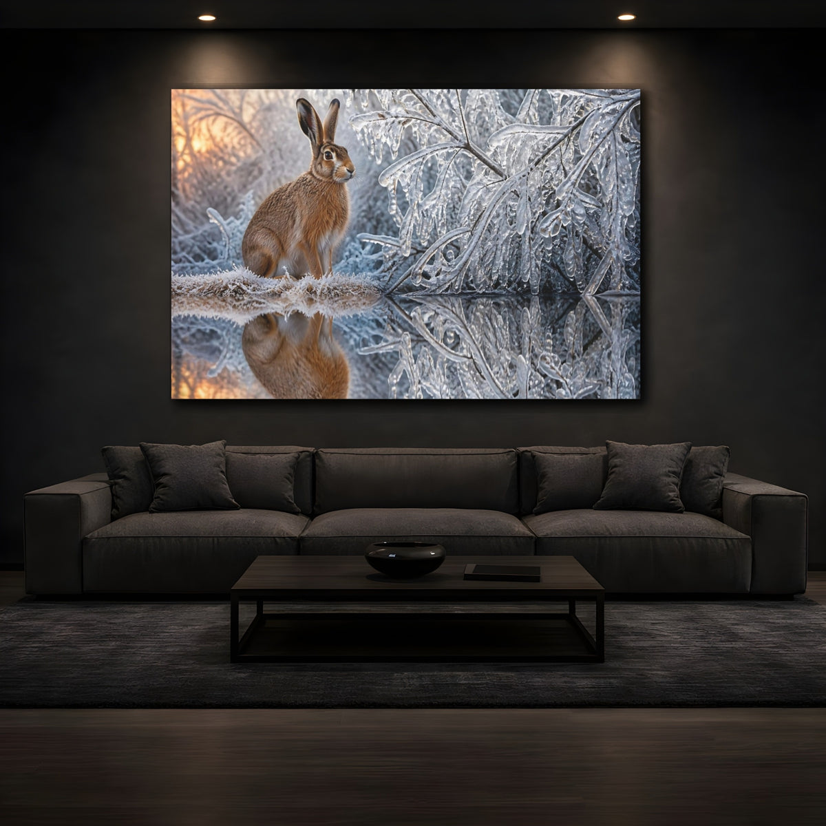 Mockup 3. Animals Hare Beside Icy Branches shown as canvas print