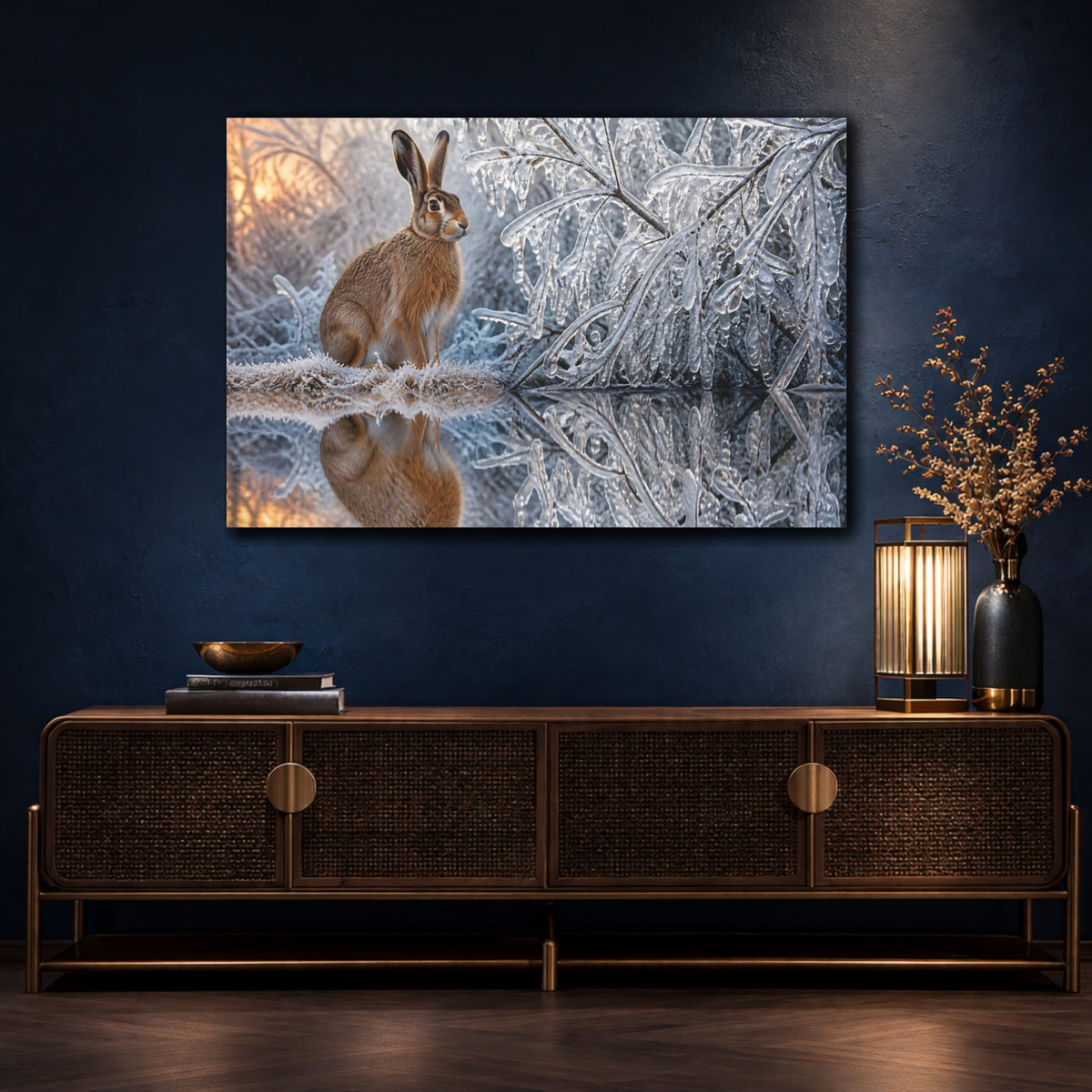 Mockup 4. Animals Hare Beside Icy Branches shown as canvas print