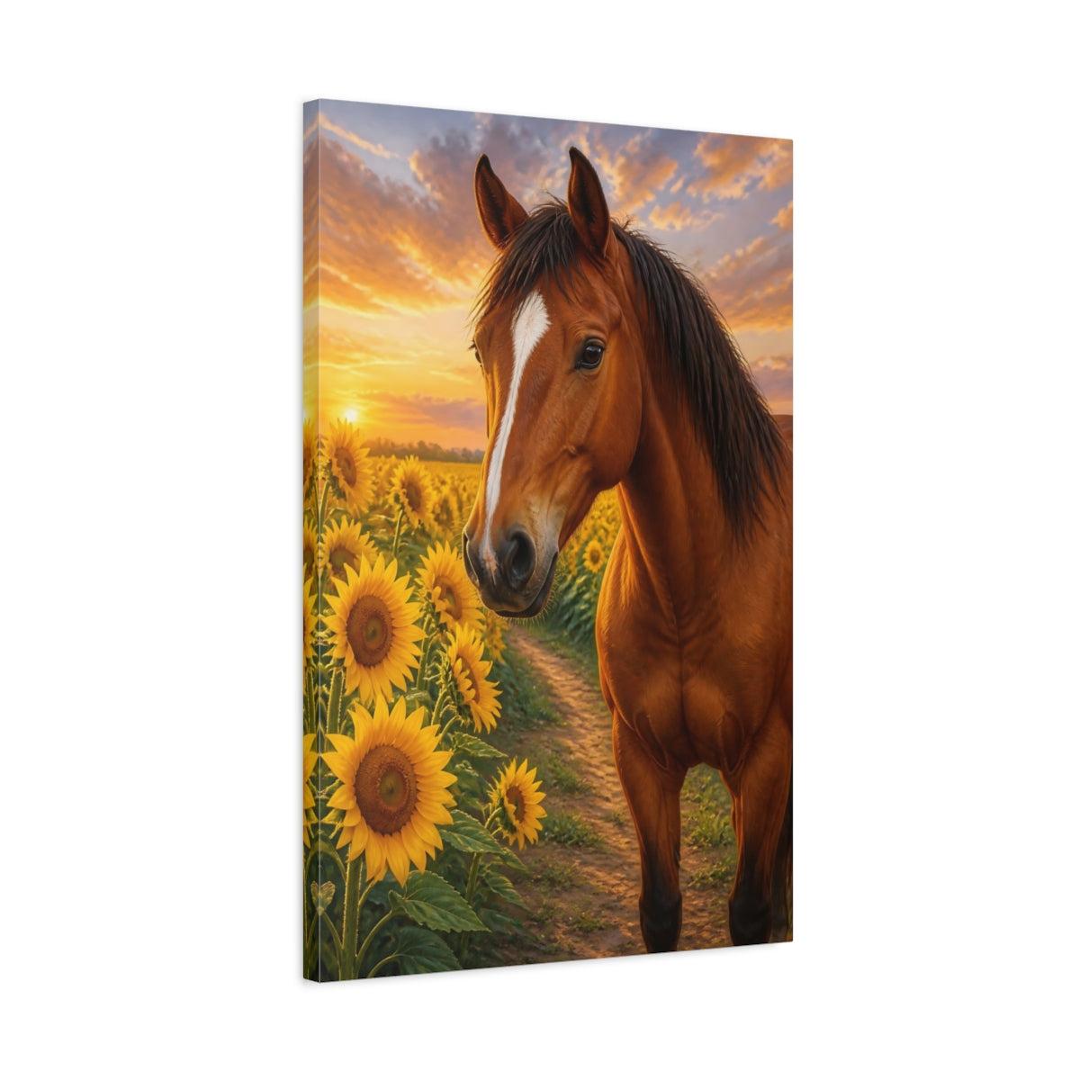 Side Mockup 2. Animals Horse Among Sunflowers shown as canvas print