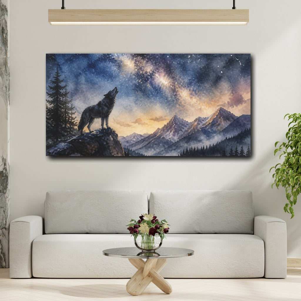 Mockup 2. Animals Howling Wolf Under Stars shown as canvas print