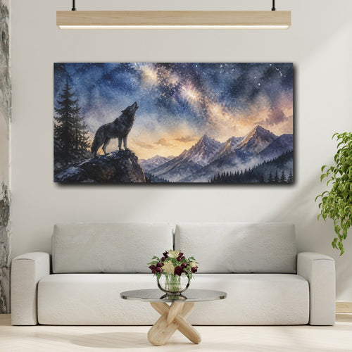 Mockup 2. Animals Howling Wolf Under Stars shown as canvas print