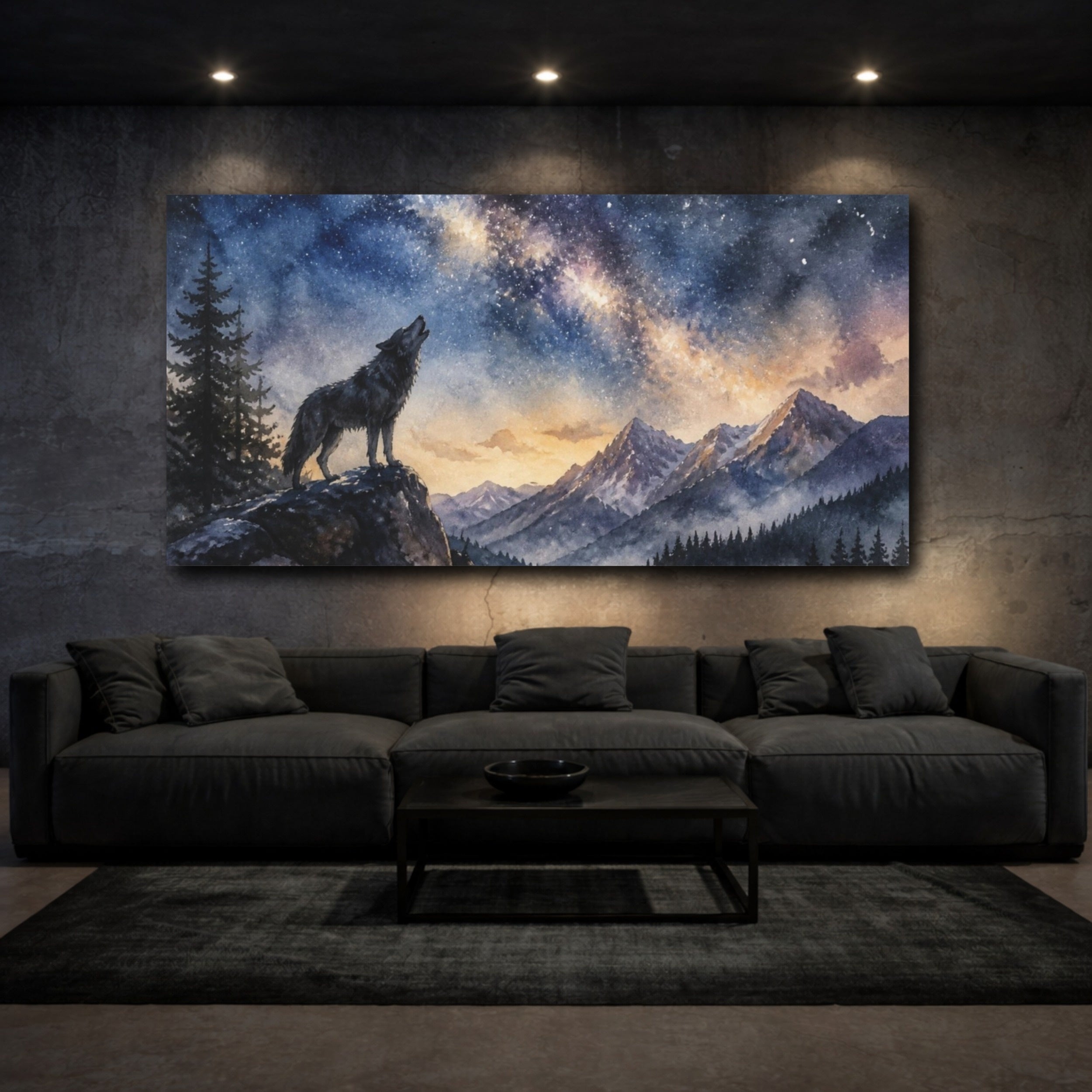 Mockup 3. Animals Howling Wolf Under Stars shown as canvas print