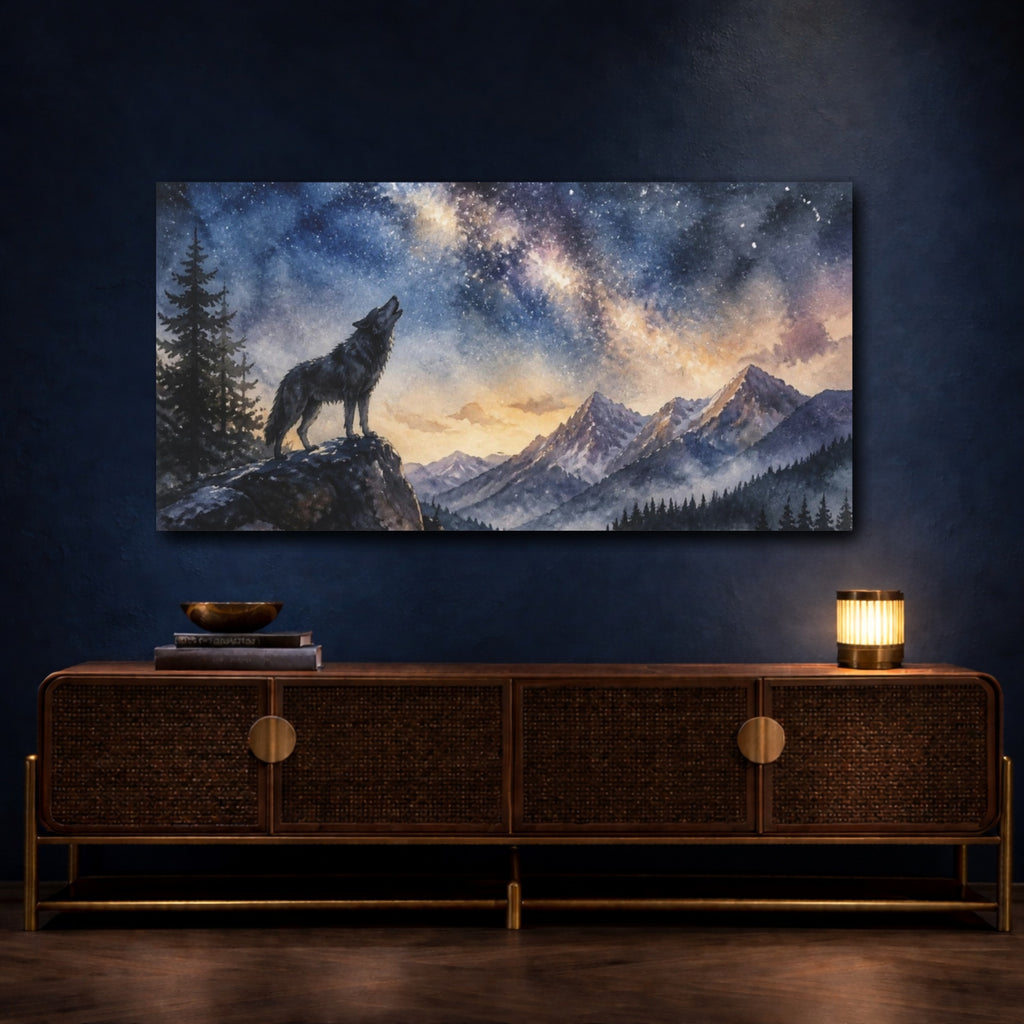 Mockup 4. Animals Howling Wolf Under Stars shown as canvas print