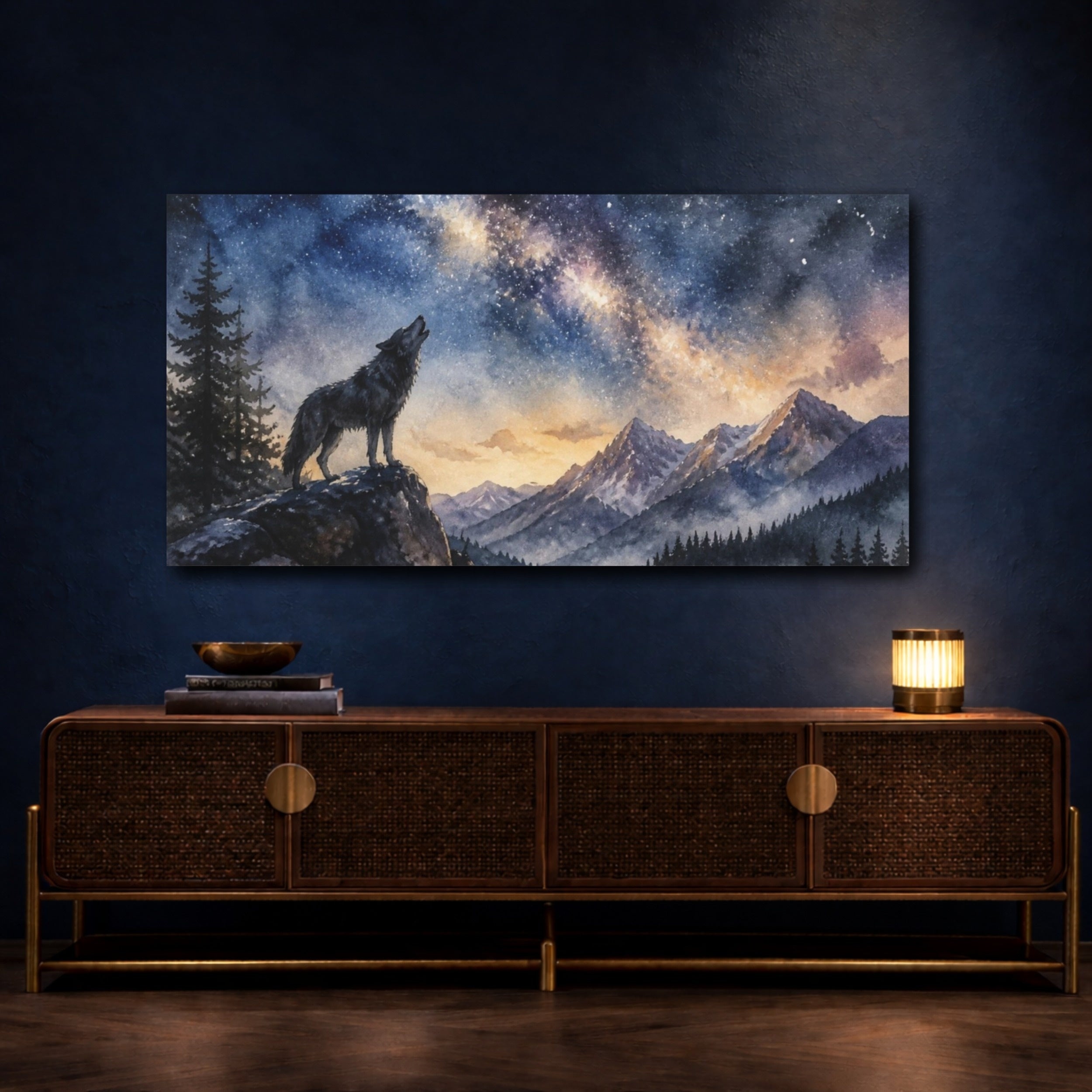 Mockup 4. Animals Howling Wolf Under Stars shown as canvas print