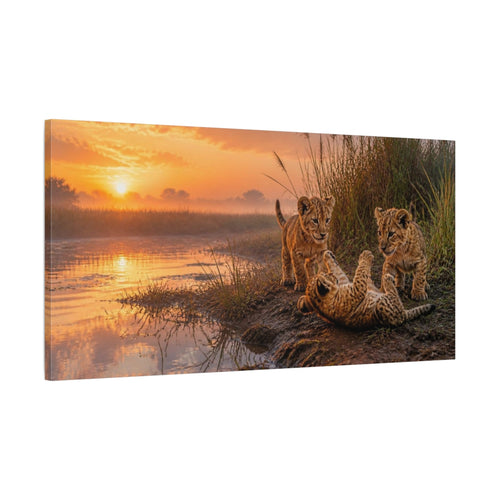 Main Mockup. Animals Lion Cubs At Sunrise shown as canvas print