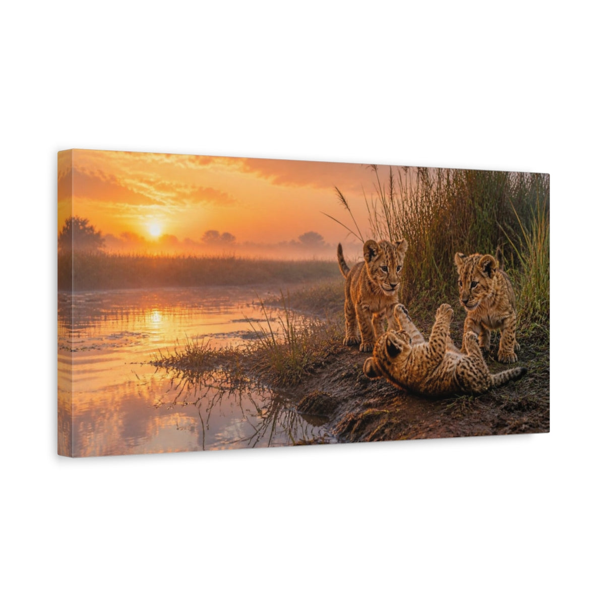 Side Mockup 3. Animals Lion Cubs At Sunrise shown as canvas print
