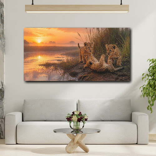 Mockup 2. Animals Lion Cubs At Sunrise shown as canvas print