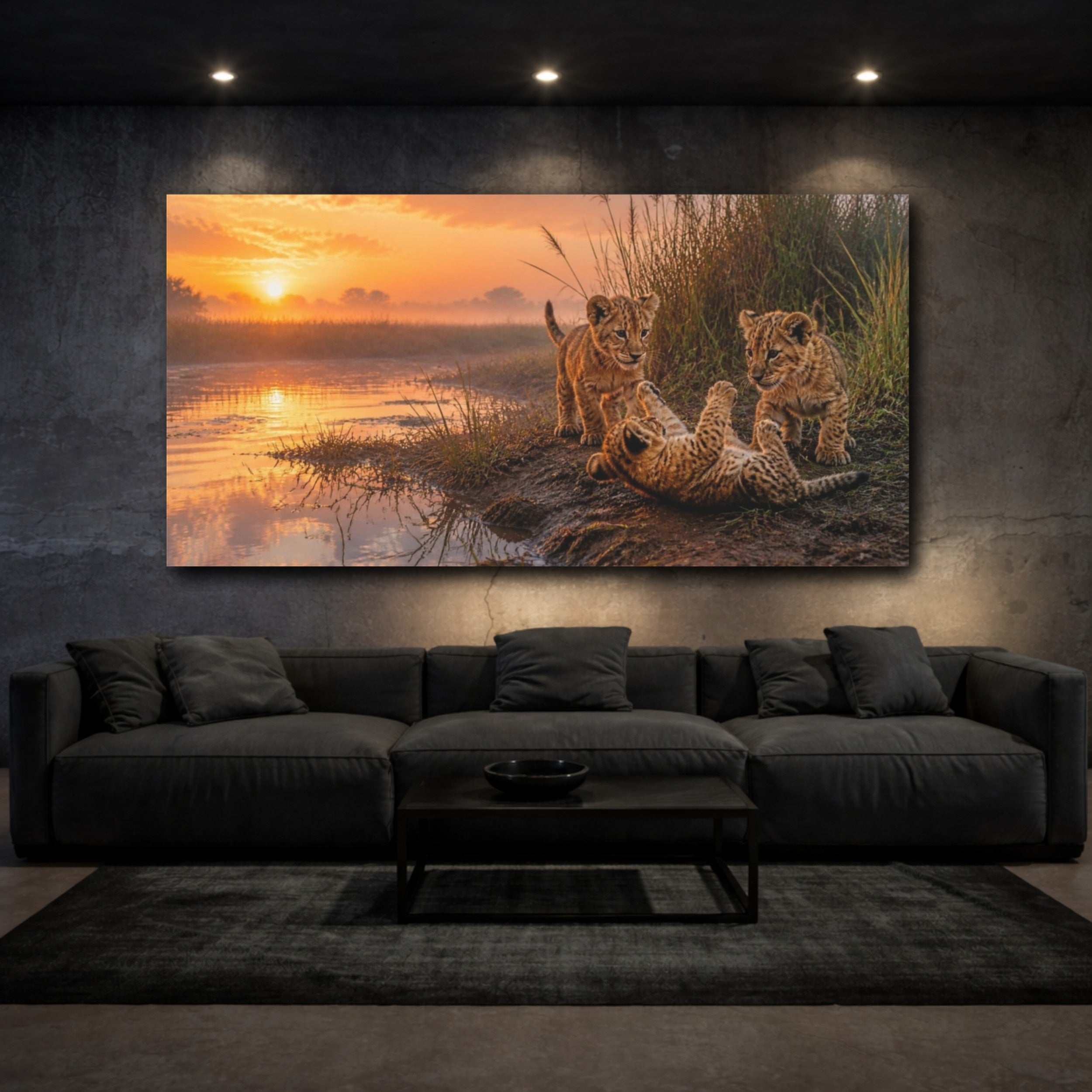 Mockup 3. Animals Lion Cubs At Sunrise shown as canvas print