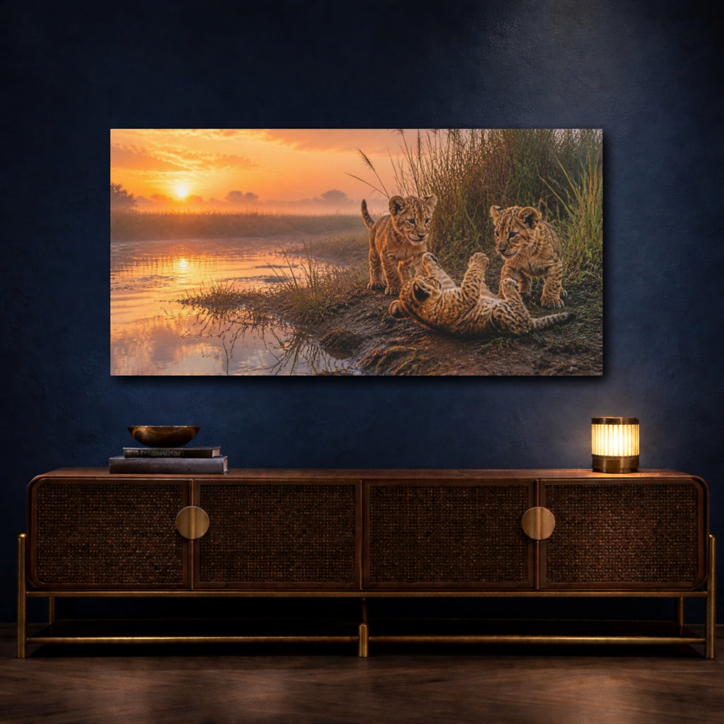 Mockup 4. Animals Lion Cubs At Sunrise shown as canvas print