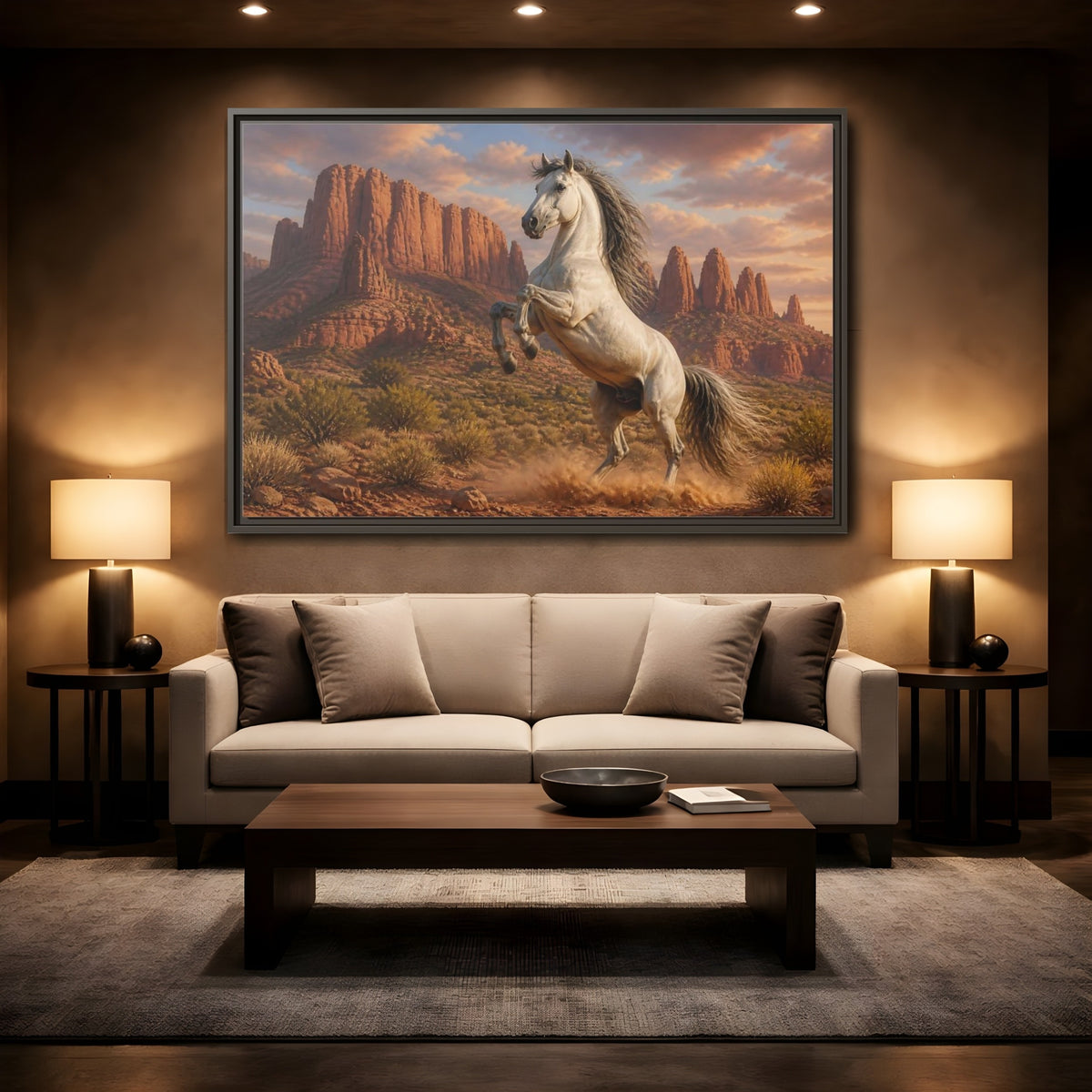 Mockup 2. Animals Majestic Rearing Horse shown as framed canvas print