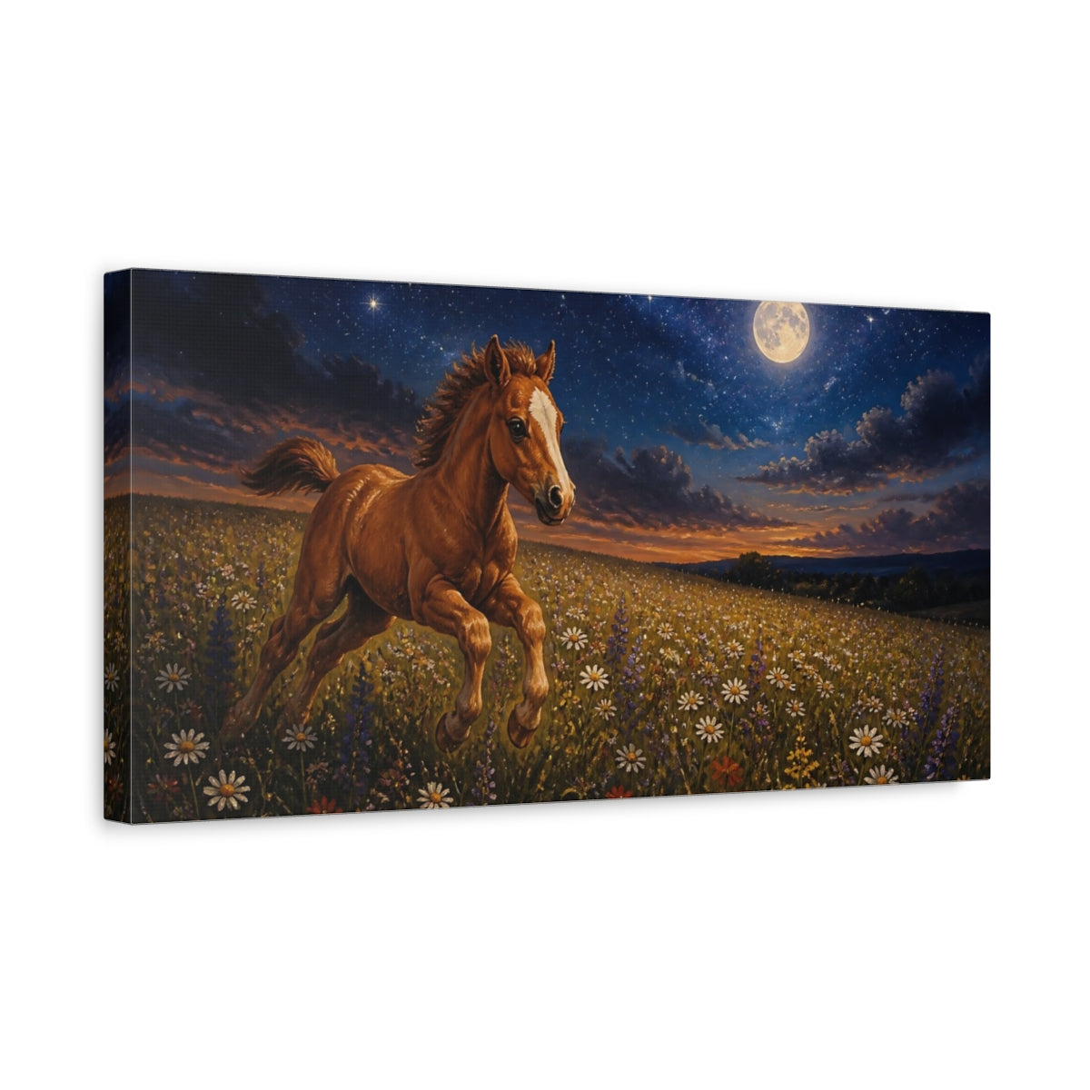 Side Mockup 3. Animals Moonlit Foal In Wildflowers shown as canvas print