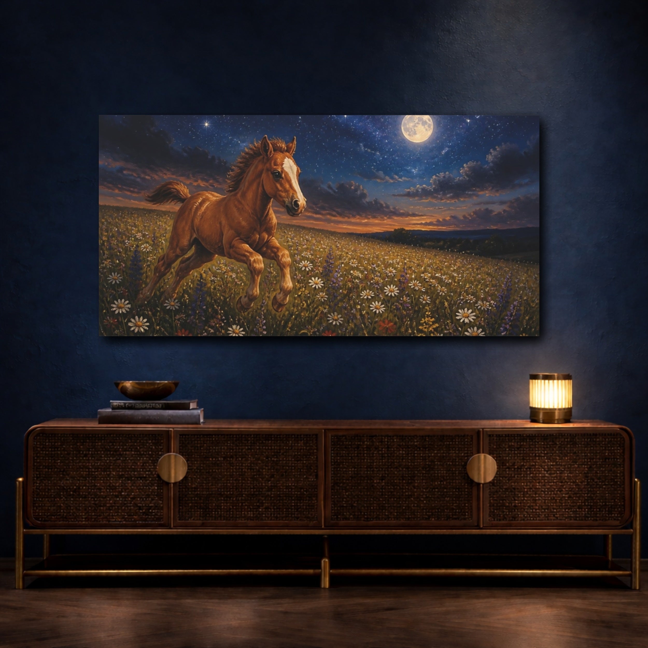 Mockup 4. Animals Moonlit Foal In Wildflowers shown as canvas print